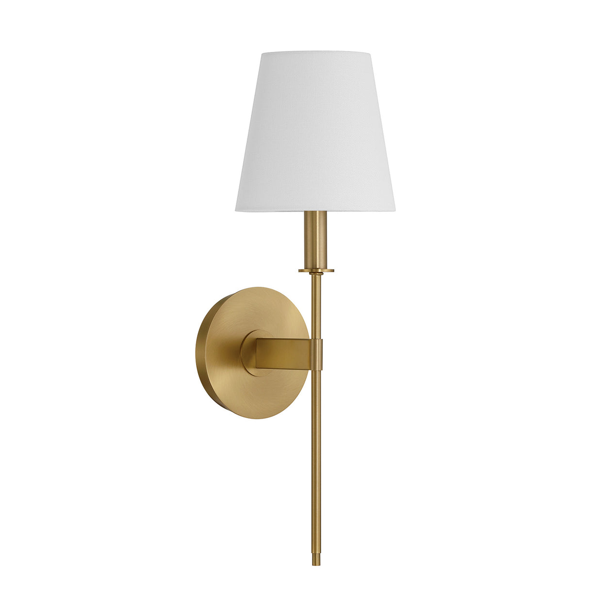 Taylor 19" Wall Sconce, Aged Brass with White Fabric Shade, three-quarter view with light off

