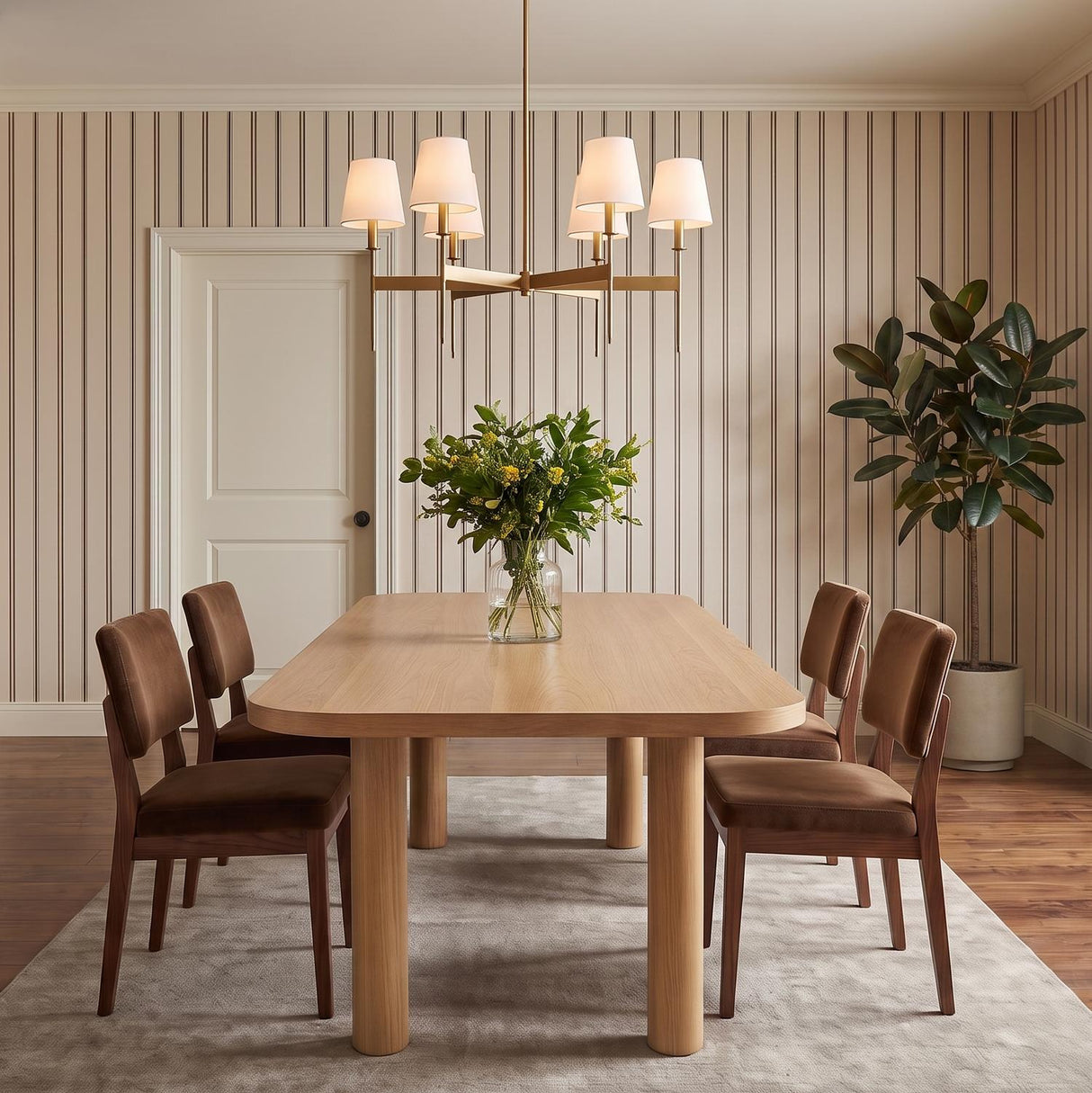 A transitional dining room featuring the Taylor 6 Light Chandelier 30" in Aged Brass with white linen shades over a light oak table and striped wallpaper.