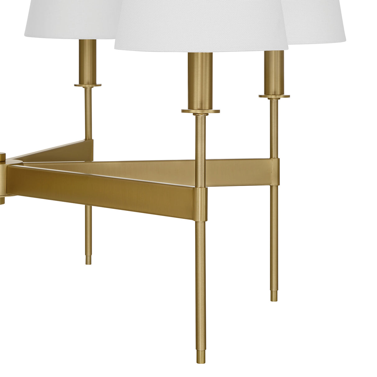 Taylor 6 Light 30" Round Chandelier, Aged Brass with White Fabric Shades, close-up detail of stems