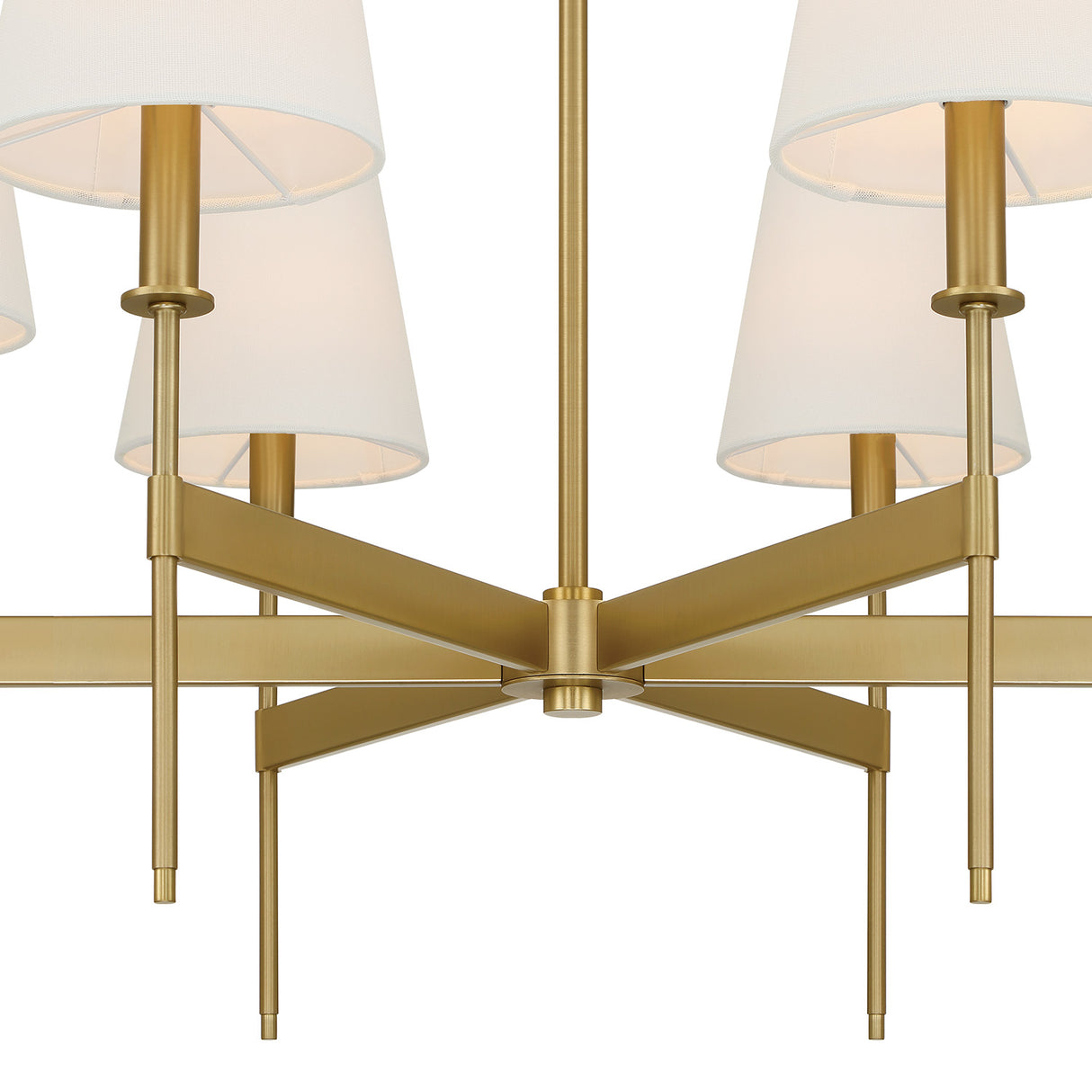 Taylor 6 Light 30" Round Chandelier, Aged Brass with White Fabric Shades, close-up detail of center hub and arms 