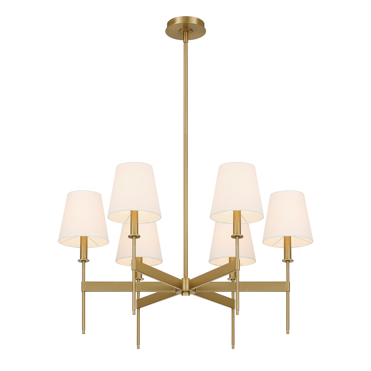 Taylor 6 Light 30" Round Chandelier, Aged Brass with White Fabric Shades, lower view with lights on