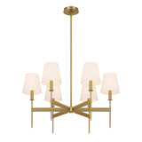 Taylor 6 Light 30" Round Chandelier, Aged Brass with White Fabric Shades, lower view with lights on