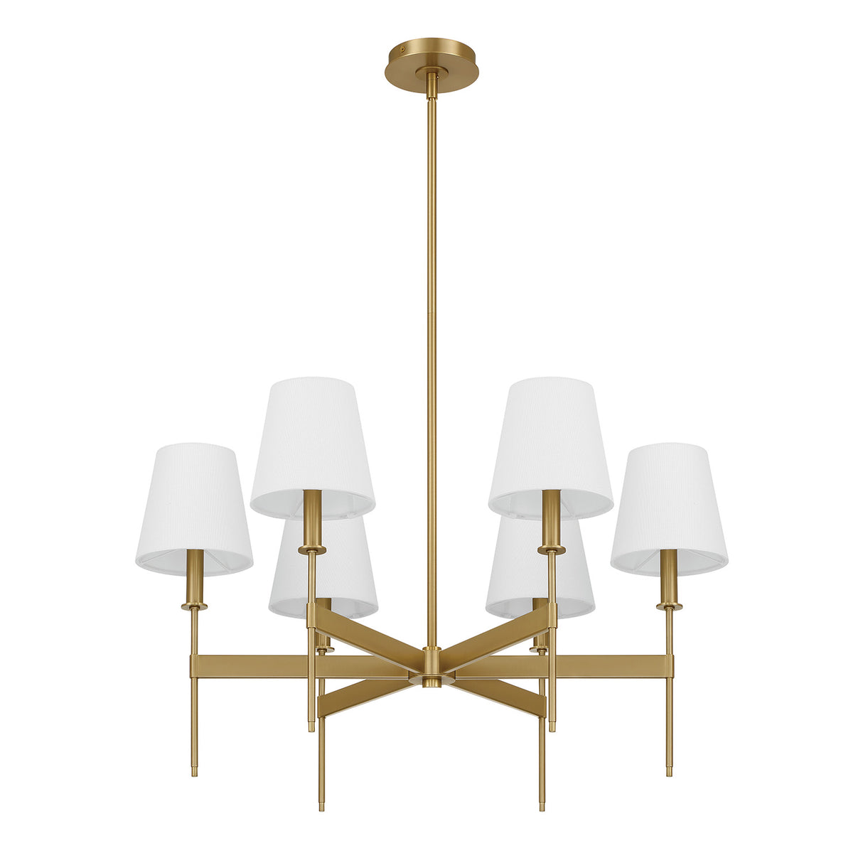 Taylor 6 Light 30" Round Chandelier, Aged Brass with White Fabric Shades, ower view with lights off