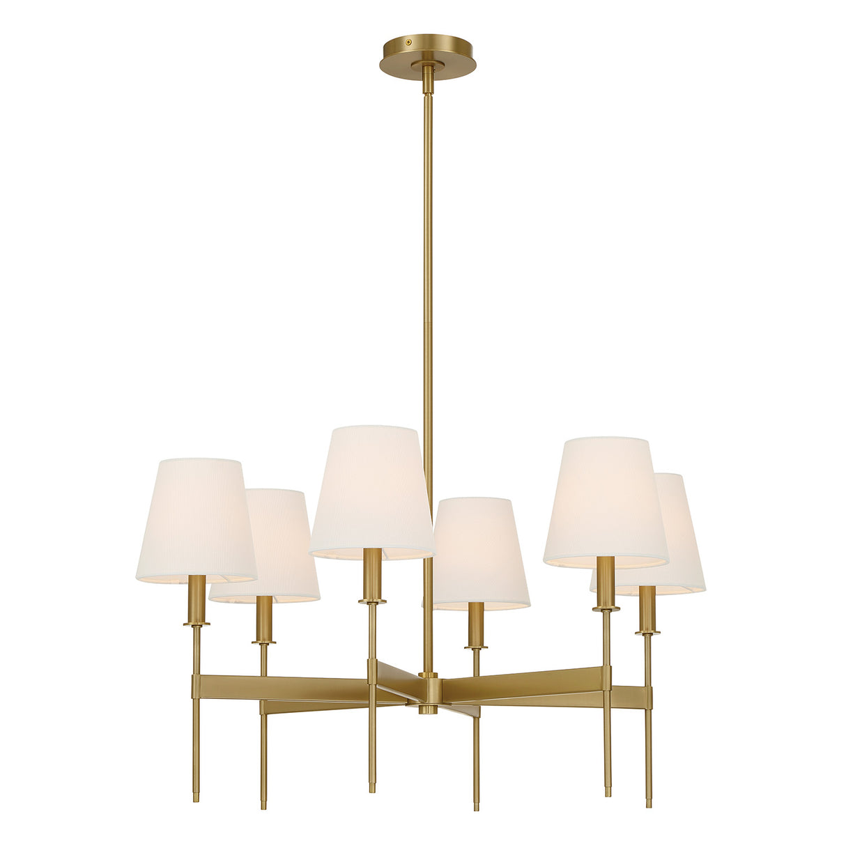 Taylor 6 Light 30" Round Chandelier, Aged Brass with White Fabric Shades, alternate view lights on