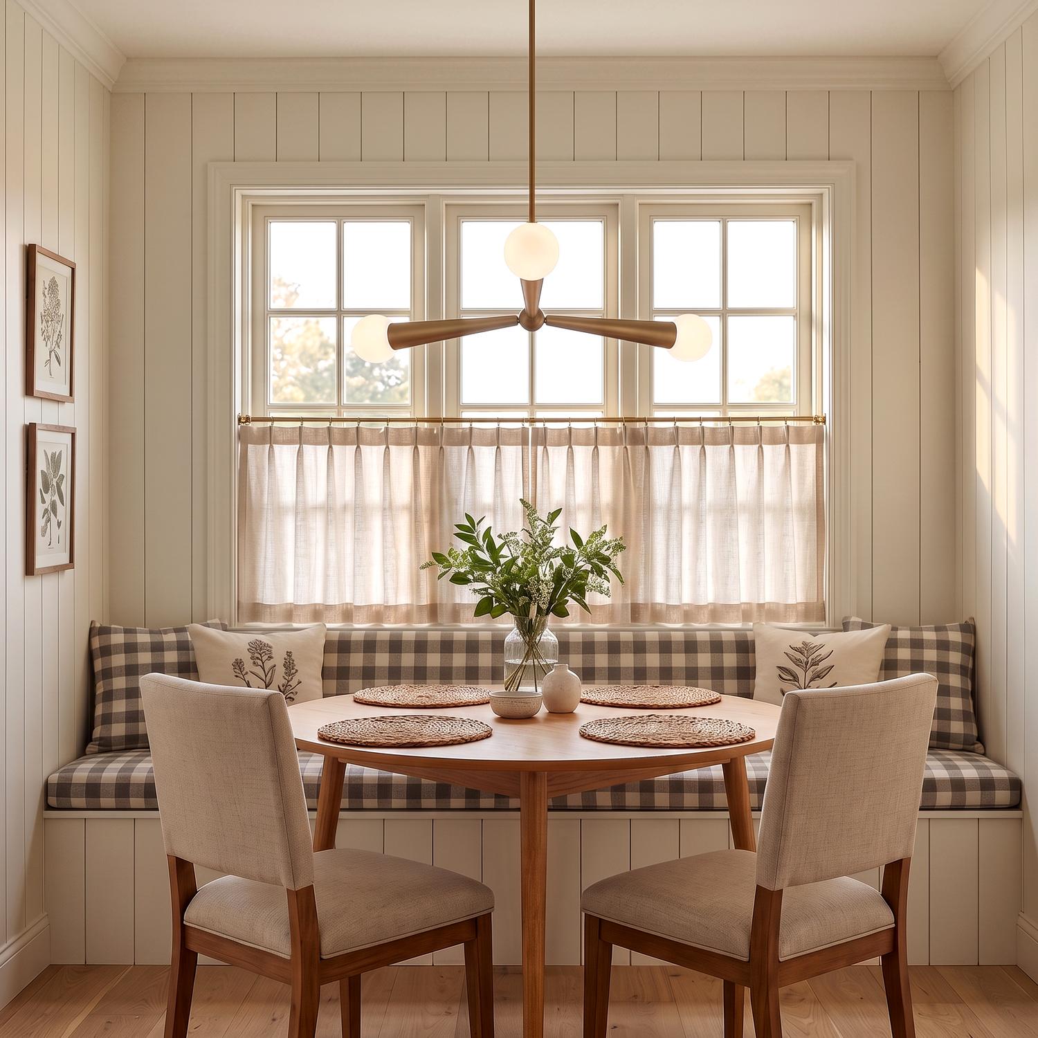 A modern farmhouse dining nook featuring an aged brass three-light pendant over a round wood table with a gingham banquette and cream vertical shiplap walls.