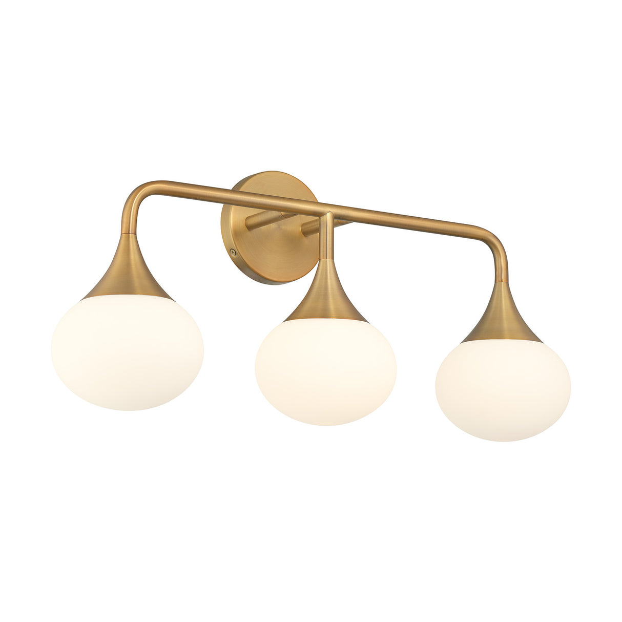 Talia 3 Light LED Vanity Wall Light, 24" Wide, Aged Brass and White Opal Glass, Dew Drop Shape, three-quarter view lights on