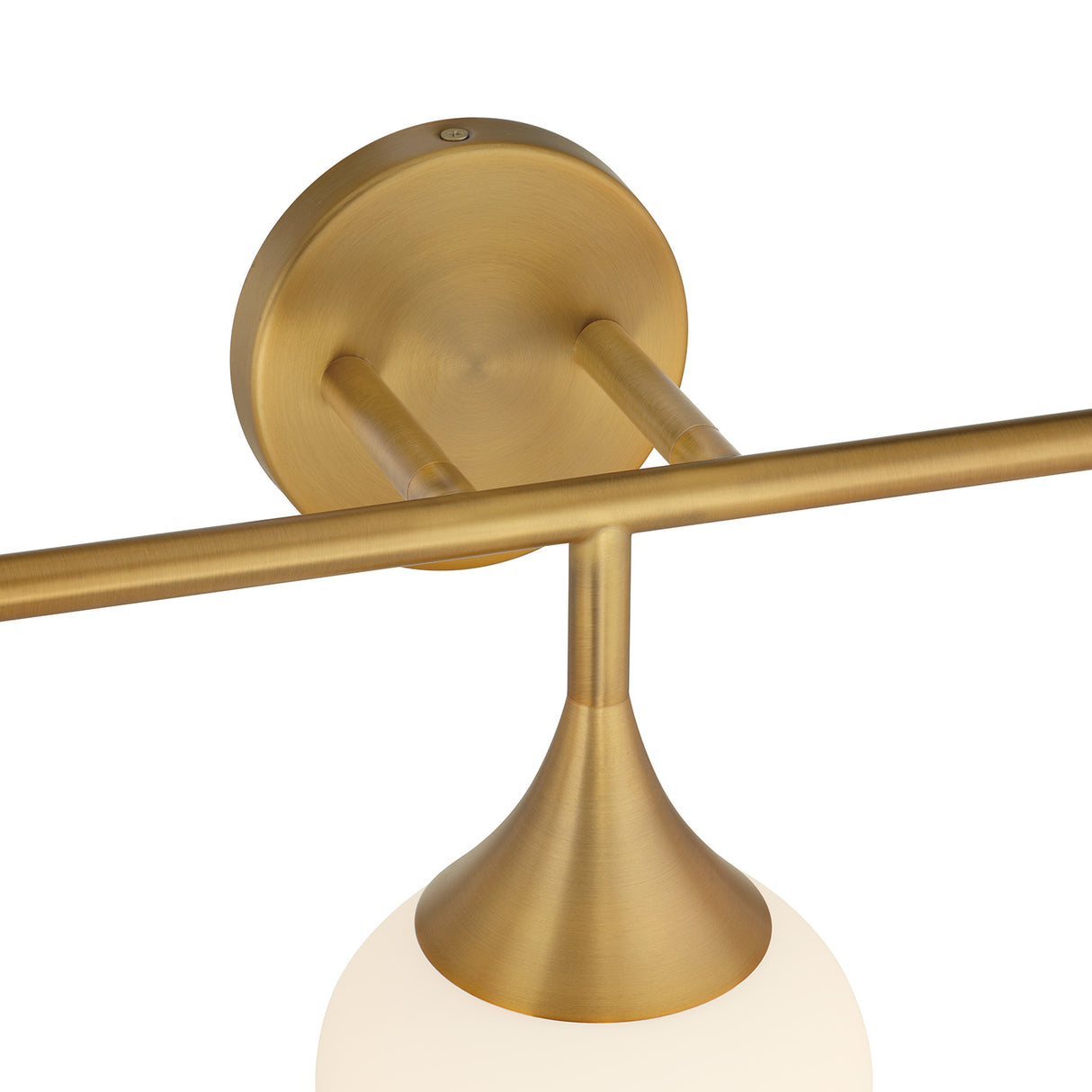 Talia 3 Light LED Vanity Wall Light, 24" Wide, Aged Brass and White Opal Glass, Dew Drop Shape, close-up detail of backplate and cross bar