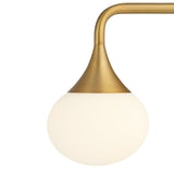 Talia 3 Light LED Vanity Wall Light, 24" Wide, Aged Brass and White Opal Glass, Dew Drop Shape, close-up detail of glass globe