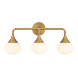 Talia 3 Light LED Vanity Wall Light, 24" Wide, Aged Brass and White Opal Glass, Dew Drop Shape, front view lights on