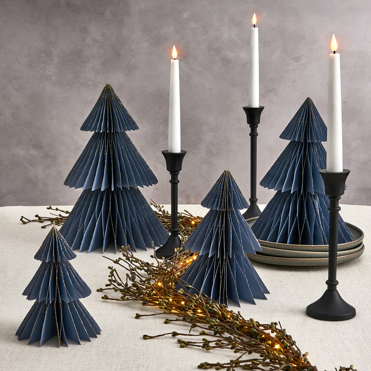 Pleated Paper Christmas Trees, Small Set of 2, Dusty Blue