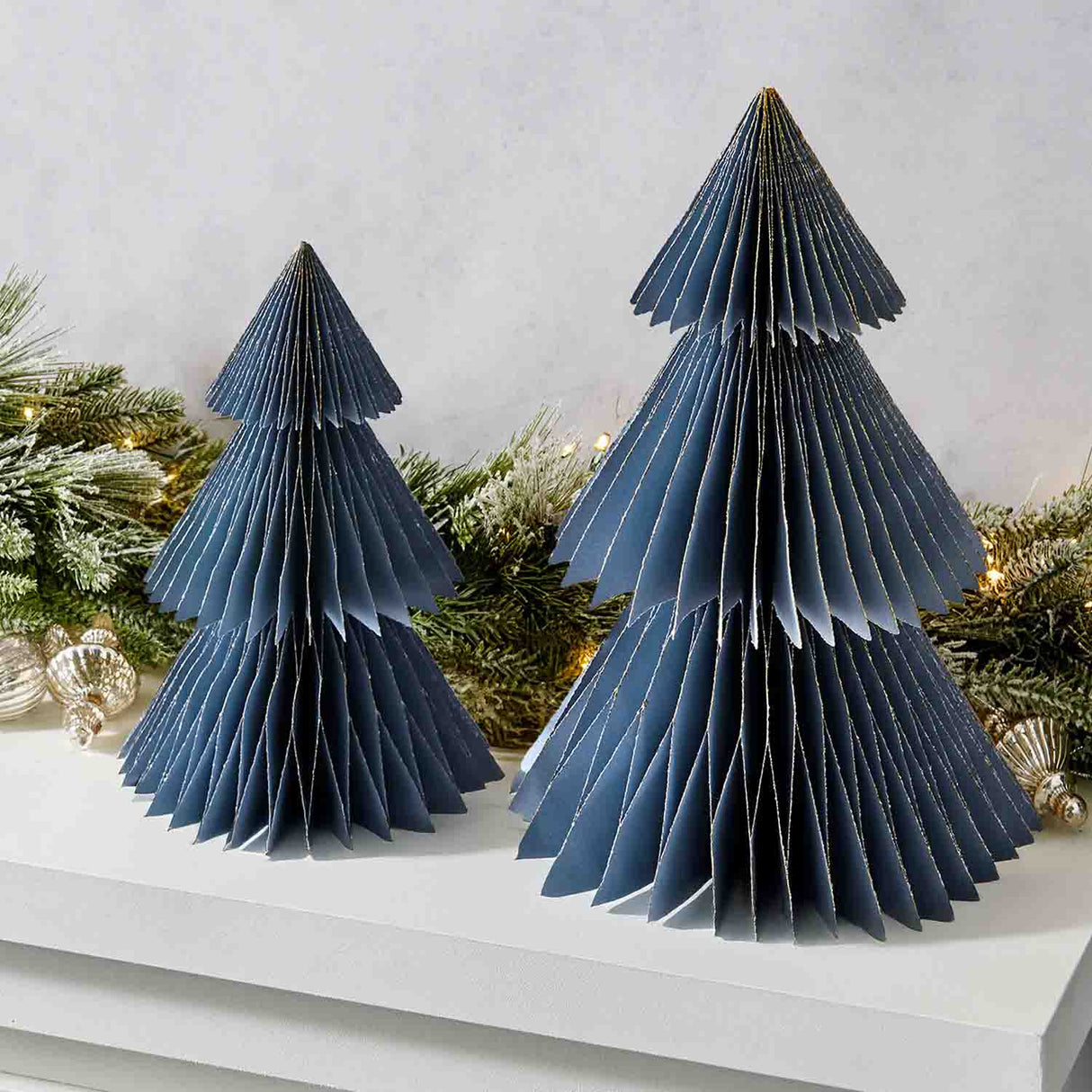 Pleated Paper Christmas Trees, Large Set of 2, Dusty Blue