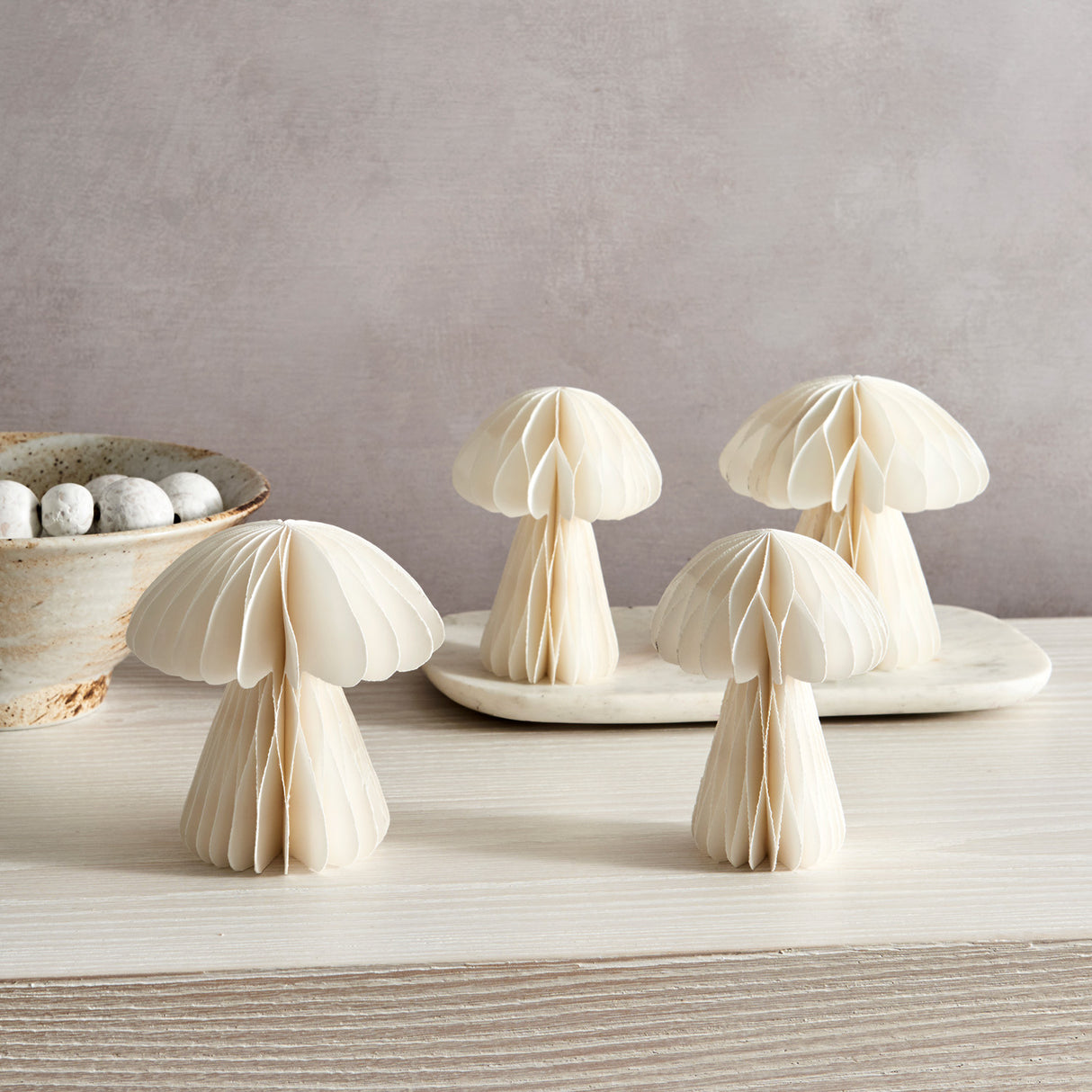 Pleated Paper Mushrooms, Small Set of 4, Ivory