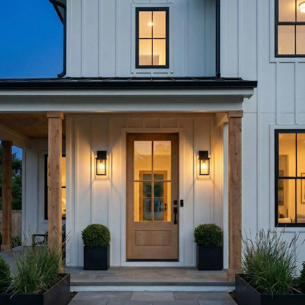 Paterson Outdoor Wall Light, Medium Matte Black geometric Outdoor Wall in a Modern Farmhouse Outdoor with a natural wood door.