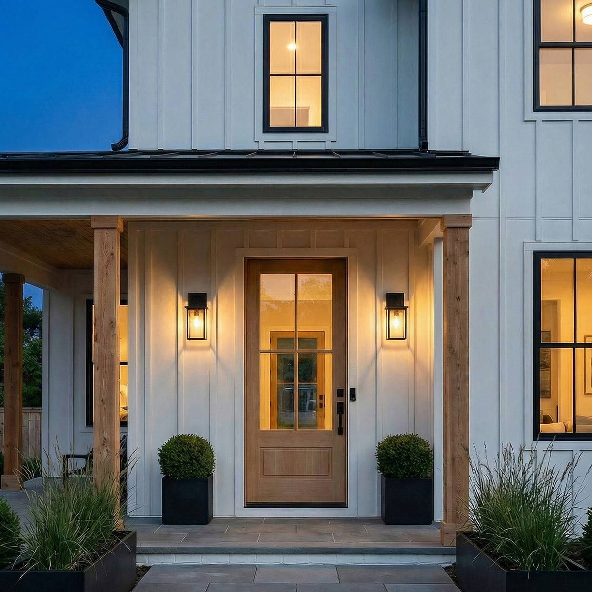 Paterson Outdoor Wall Light, Medium Matte Black geometric Outdoor Wall in a Modern Farmhouse Outdoor with a natural wood door.