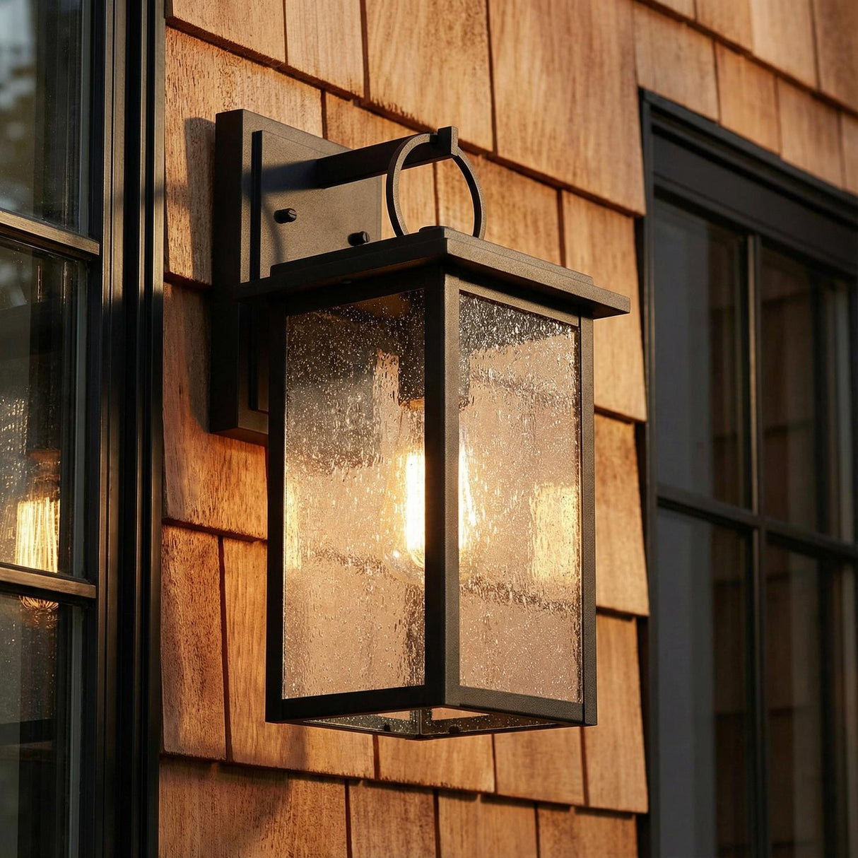 Paterson Outdoor Wall Light, Medium for Craftsman home with Natural Cedar Siding