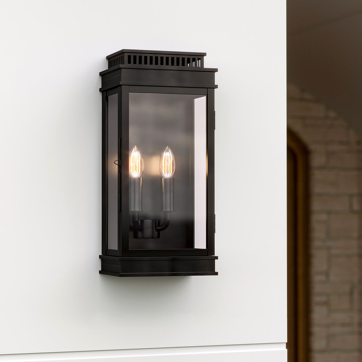 Brighton Outdoor 14" Wall Light, Black and Clear Glass with Black Sleeves, close-up. detail