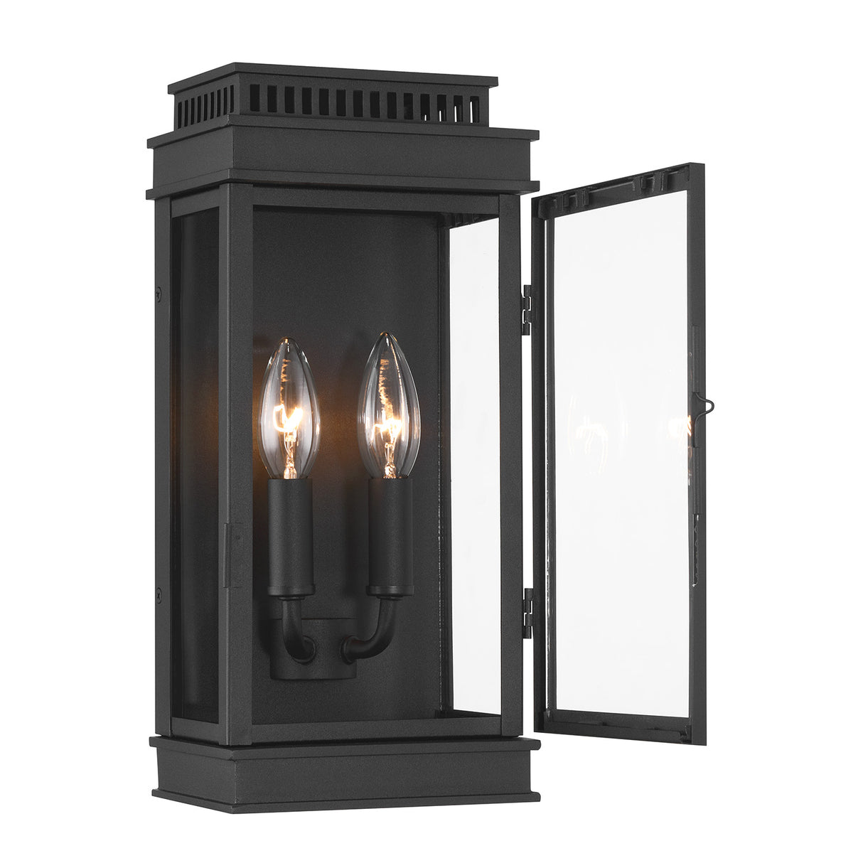 Brighton Outdoor 14" Wall Light, Black and Clear Glass with Black Sleeves shown, hinged front door