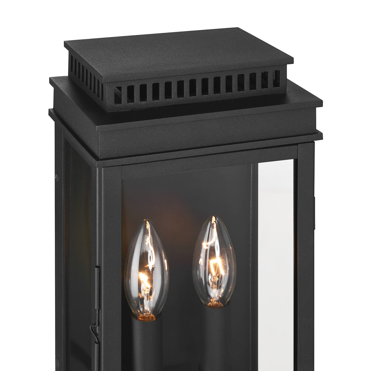 Brighton Outdoor 14" Wall Light, Black and Clear Glass with Black Sleeves shown, Top Detail