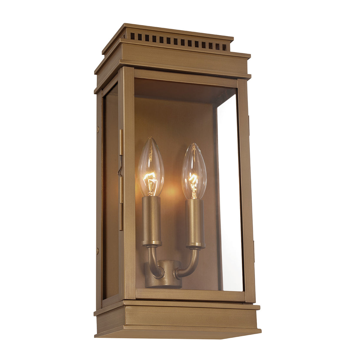 Brighton Outdoor 14" Wall Light, Burnished Brass and Clear Glass with Brass Sleeves, closed bottom