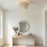 Willa Flush Mount 18", Cream and Gold leaf design flush mount in a Transitional Entryway with a light wood console table.