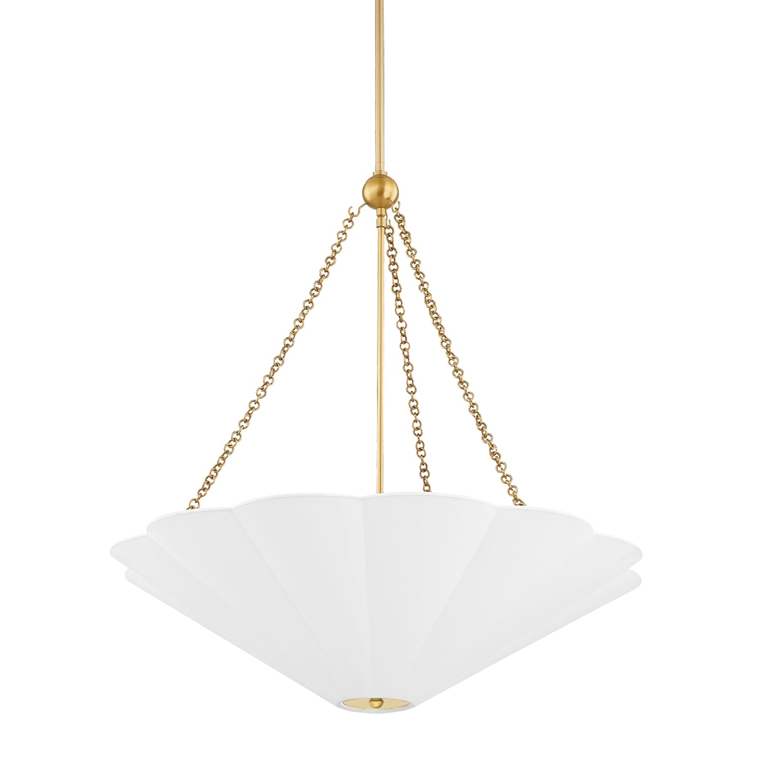 Liza White Scalloped Linen Shade Pendant Light, Aged Brass Chains