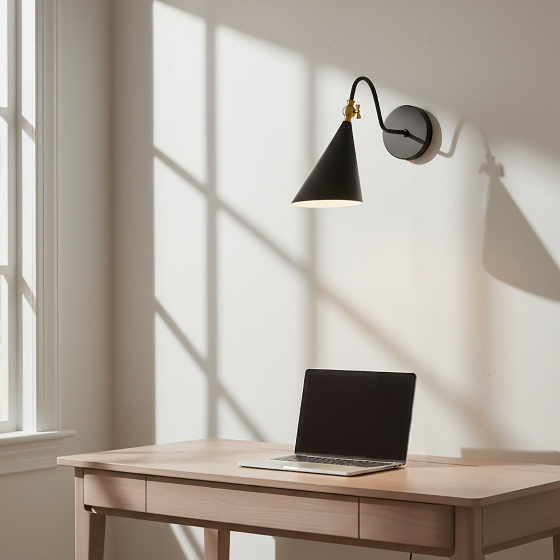 Faye Adjustable Metal Wall Sconce, Black with Aged Brass for Modern home with White Walls