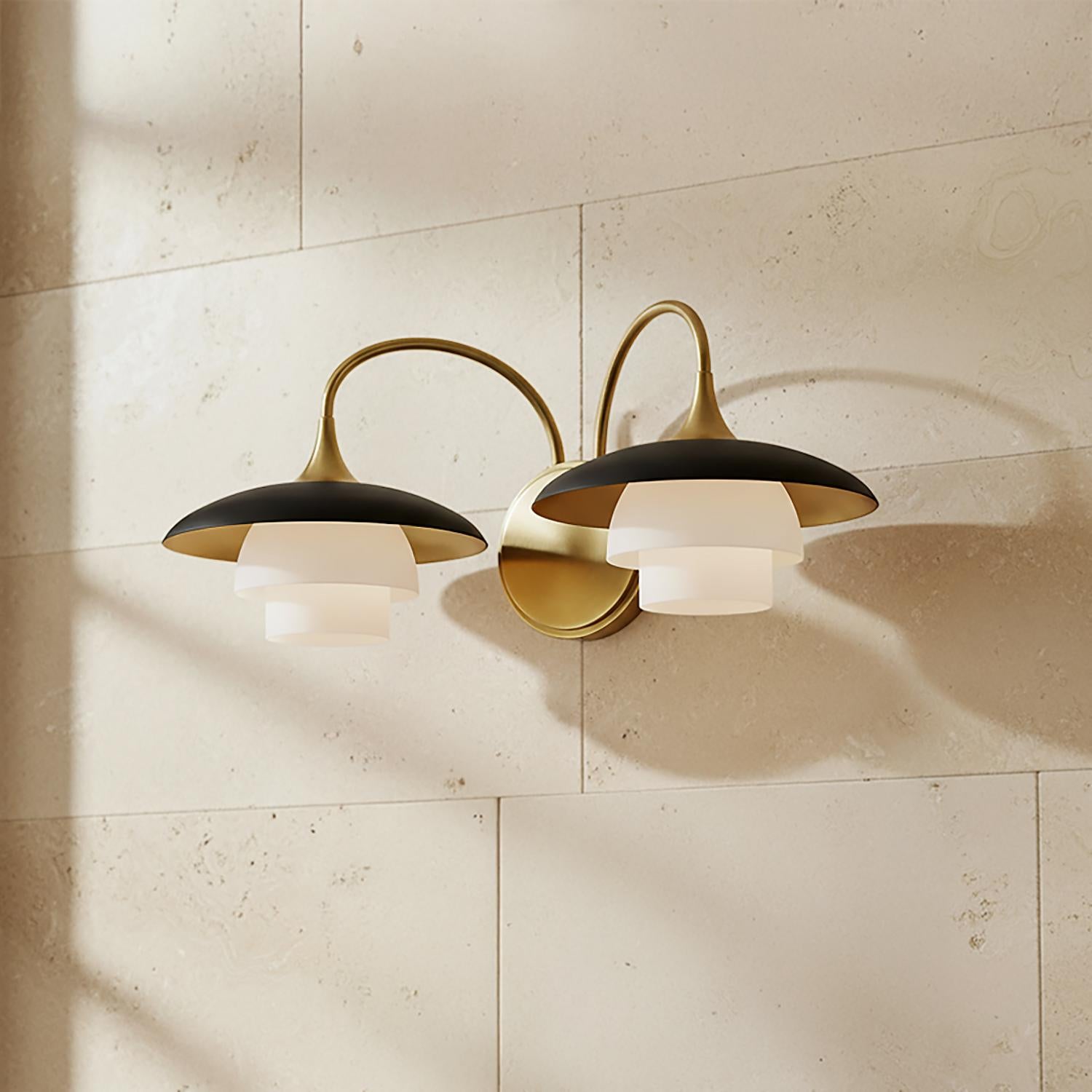Wren 2 Light Matte Black and Aged Brass Wall Sconce, Opal Glass