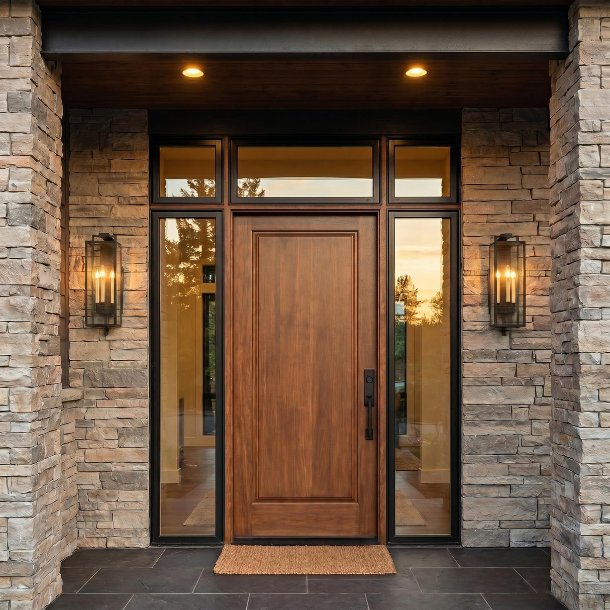 A modern home entry featuring forged iron black Everett Outdoor Wall Lights flanking a wood front door on a stacked stone facade at twilight.