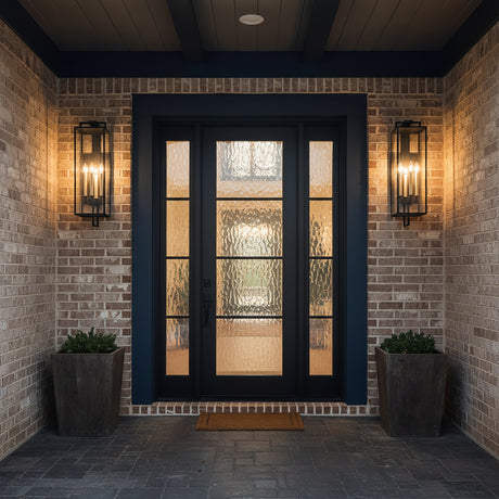Everett Outdoor Wall Light, Large, Forged Iron Black - Two black lanterns flanking a black double door on a brick exterior