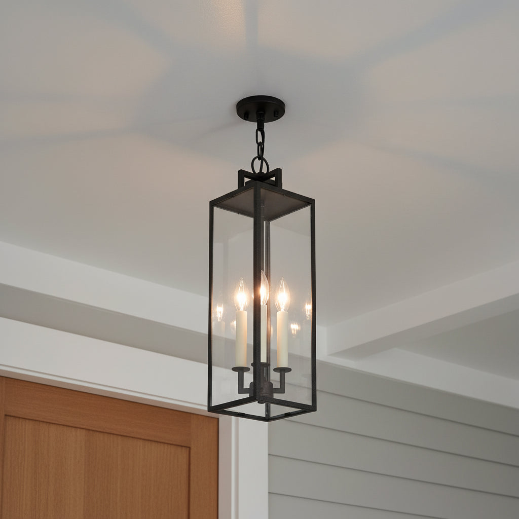 Everett Outdoor Hanging Light, Forged Iron Black for Modern Farmhouse home with White Siding