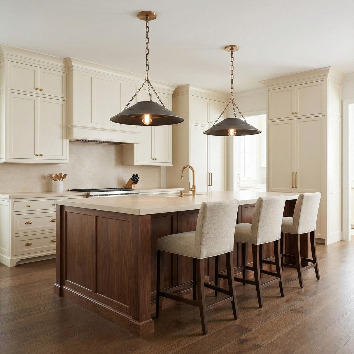 Dark Bronze and Antique Brass geometric pendant in a Transitional Kitchen with a dark wood kitchen island.