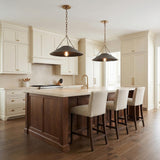 Dark Bronze and Antique Brass geometric pendant in a Transitional Kitchen with a dark wood kitchen island.