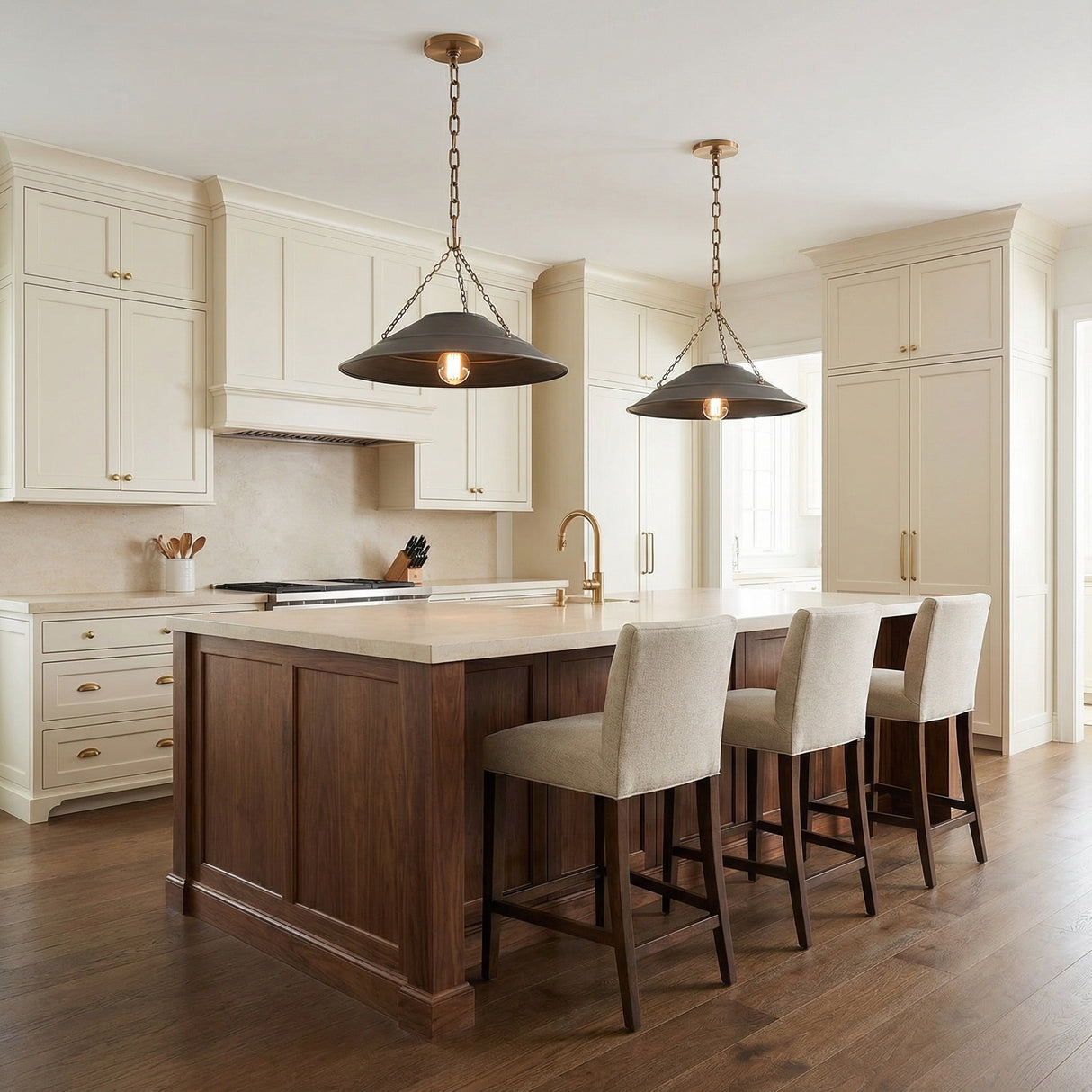 Dark Bronze and Antique Brass geometric pendant in a Transitional Kitchen with a dark wood kitchen island.