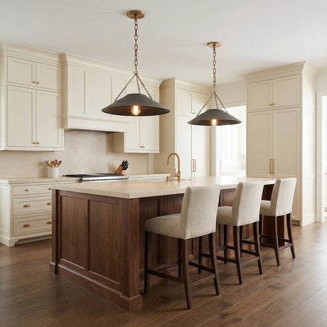 Dark Bronze and Antique Brass geometric pendant in a Transitional Kitchen with a dark wood kitchen island.