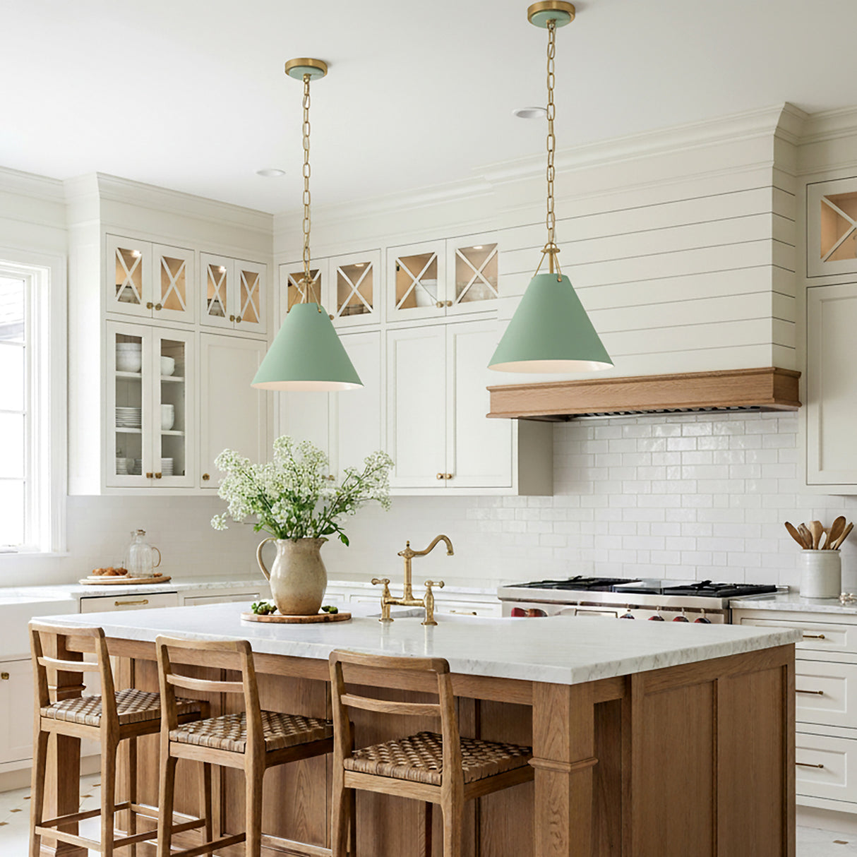 Bowie Small Metal Pendant 12", Sage Green and Brass for Modern Farmhouse home with White Shiplap