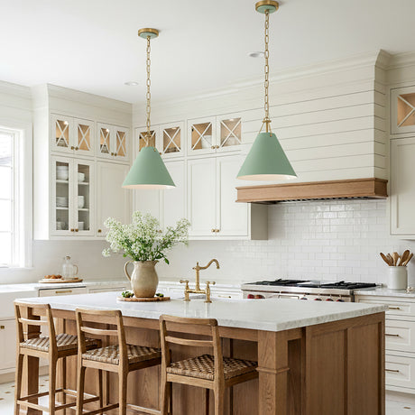 Bowie Small Metal Pendant 12", Sage Green and Brass for Modern Farmhouse home with White Shiplap