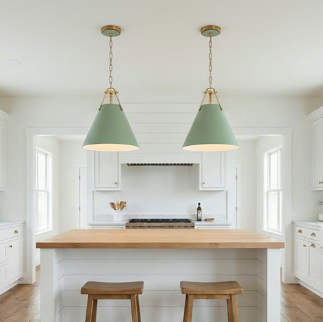 Bowie Medium Metal Pendant 16", Sage Green and Brass for Modern Farmhouse home with White Siding