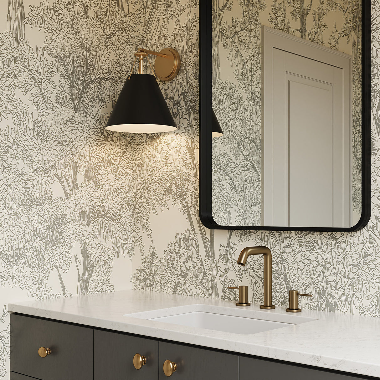 Bathroom with floral wallpaper, and the Bowie Wall Sconce, in Matte Black and Brass