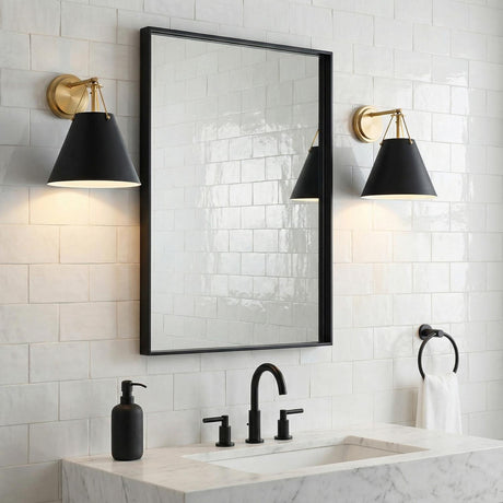 Bowie Wall Sconce, Matte Black and Brass for Modern home with White Tile