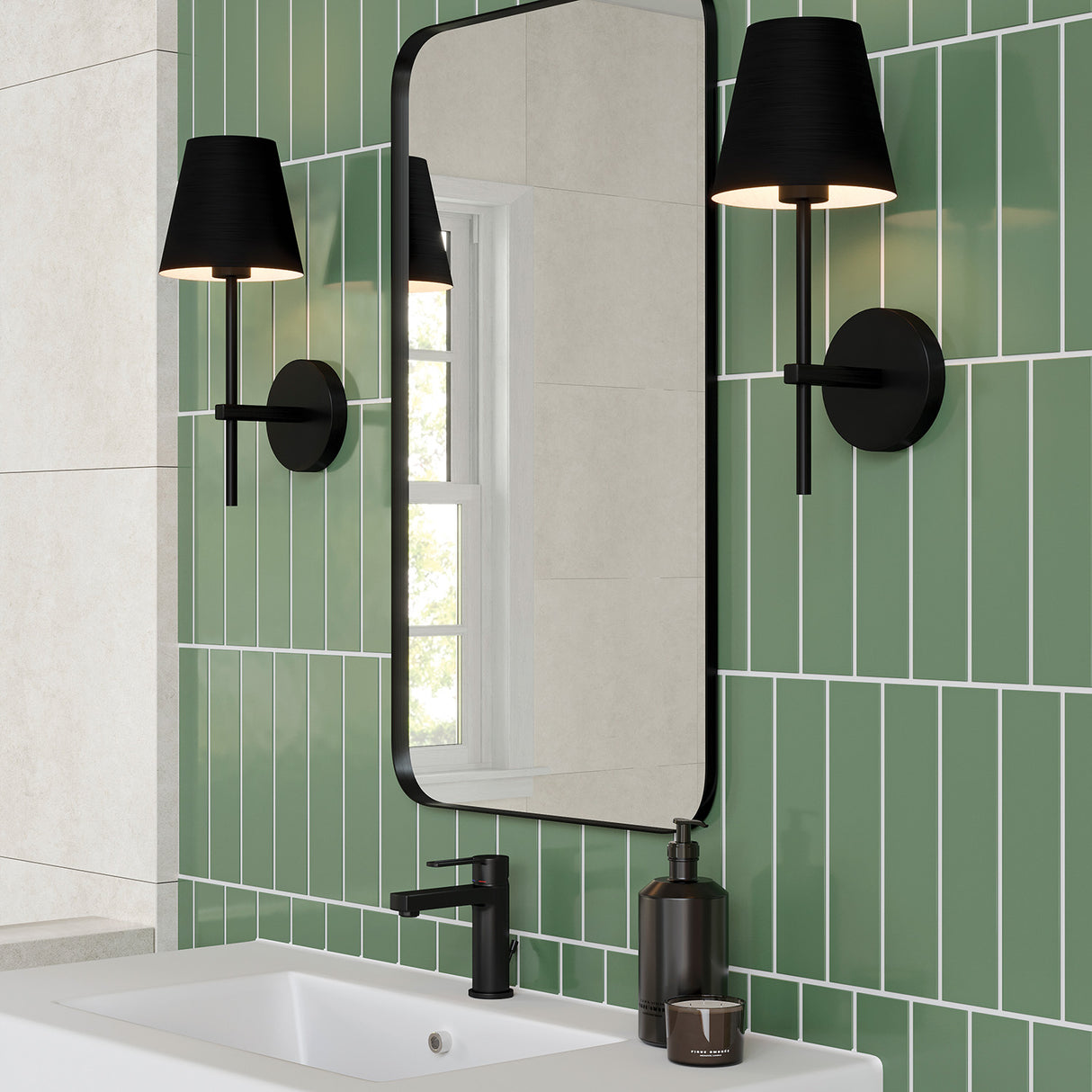 Green and black bathroom showing the Banks Wall Sconce in matte black with a black metal conical shade.