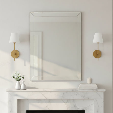 Banks Wall Sconce, White and Brass - Two sconces flanking a mirror above a marble mantel