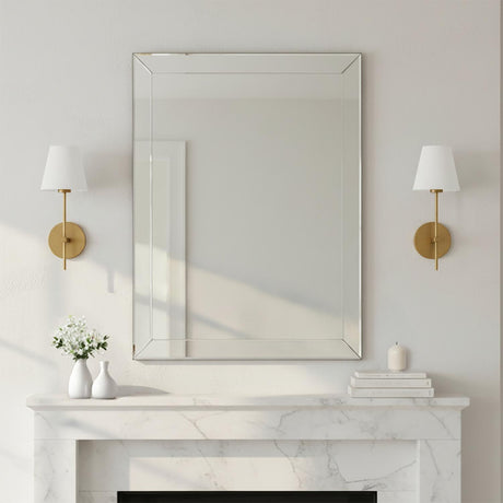 Banks Wall Sconce, White and Brass - Two sconces flanking a mirror above a marble mantel