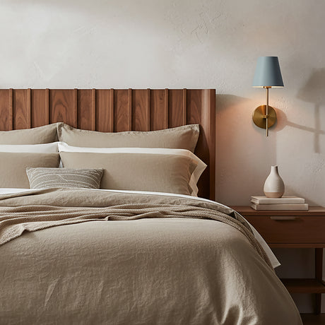 Banks Wall Sconce, French Blue and Brass for Mid-Century home with Wood Headboard