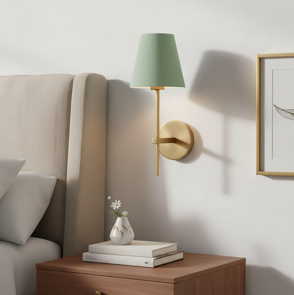Banks Metal Wall Sconce, Sage Green and Brass finish, in a bedroom above a night table.