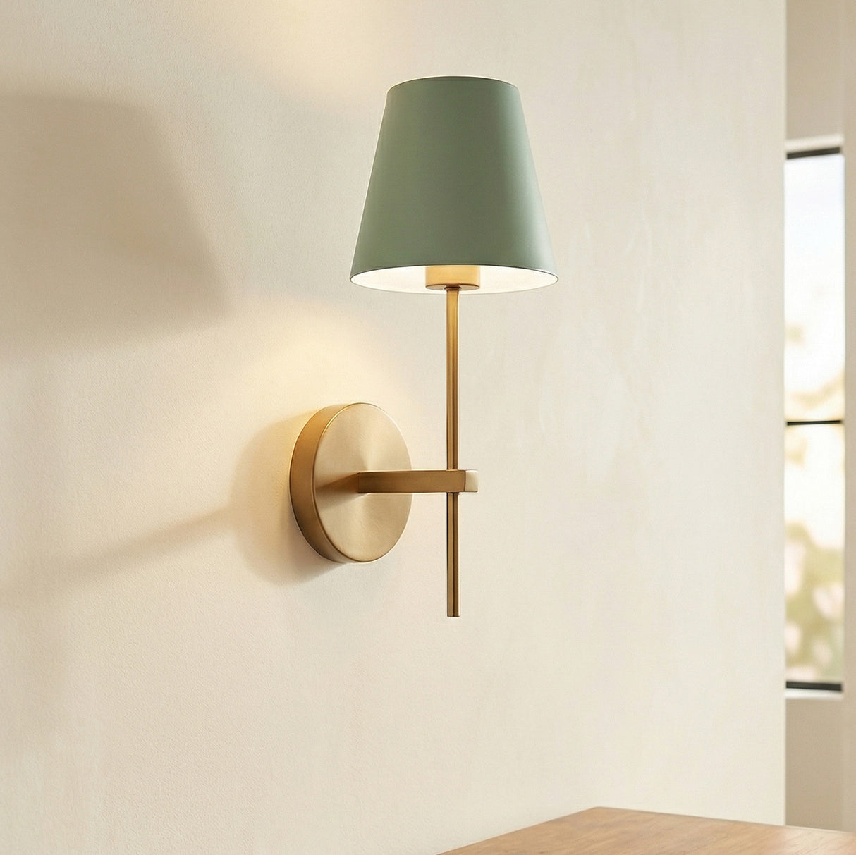 Banks Wall Sconce, Sage Green and Brass linear Wall Sconce in a Contemporary Entryway with a wooden console table.