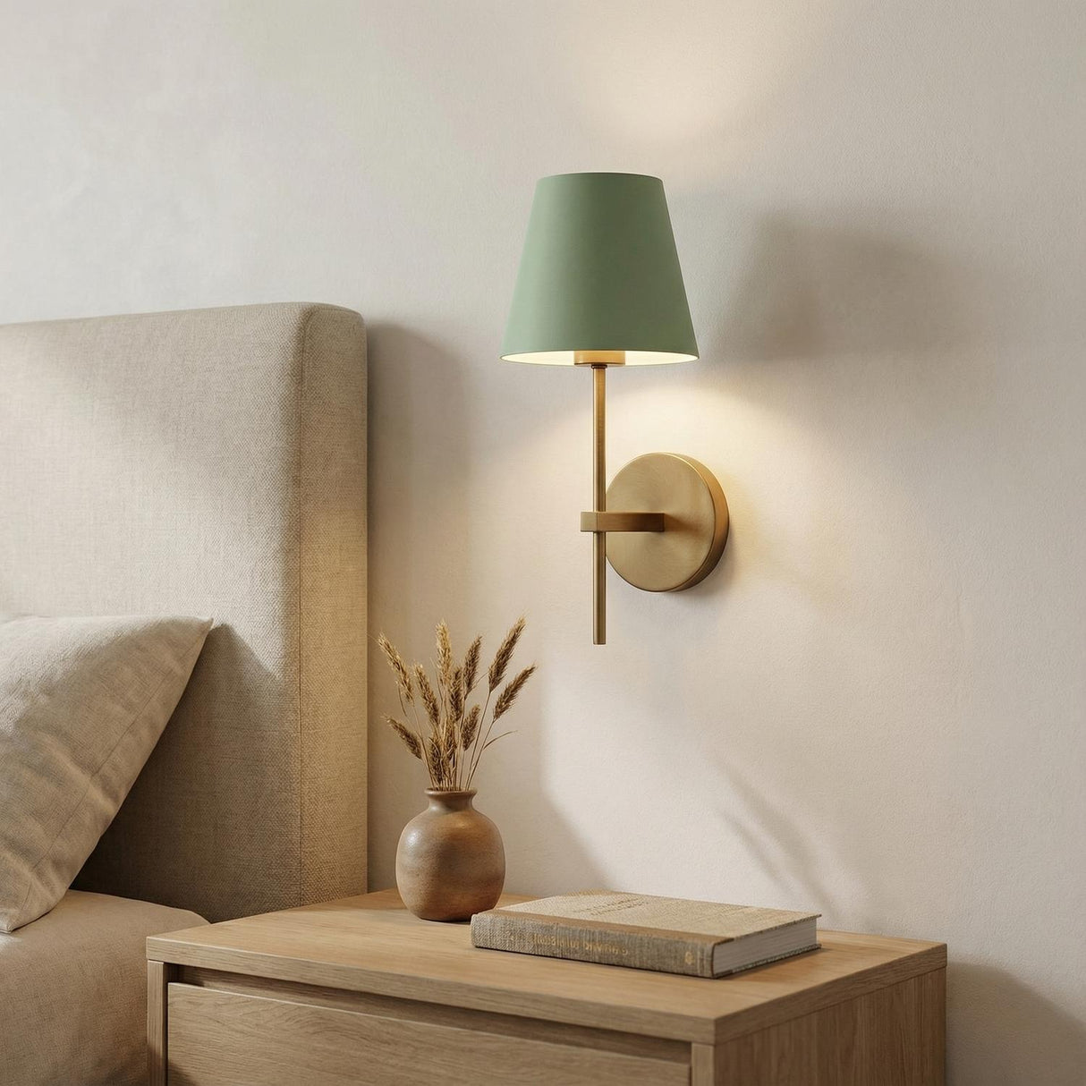 Stella Sage Green and Brass geometric wall sconce in a Modern Bedroom with a neutral upholstered headboard.