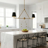 Banks 2 Shade Linear Pendant 42", Matte Black and Brass linear pendant in a Transitional Kitchen with a white marble island.