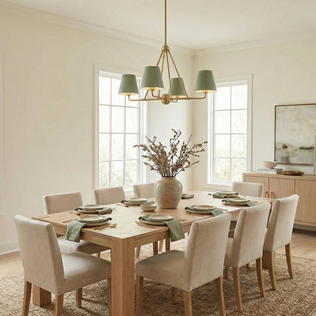 Banks 4 Light Chandelier 32", Sage Green and Brass geometric chandelier in a Transitional Dining Room with a rustic oak table.