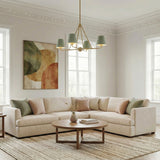 Banks 4 Light Chandelier 32", Sage Green and Brass finish geometric Chandelier in a Transitional Living Room with a cream sectional.