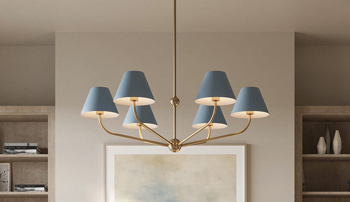 Bank 6 Light 40" Chandelier shown in French Blue with aged brass finish.